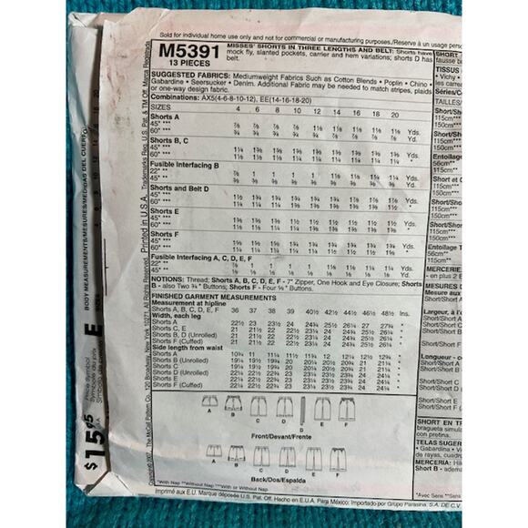 McCalls Sewing pattern 5391 womens shorts sz 4 6 8 10 12 - Picture 4 of 5